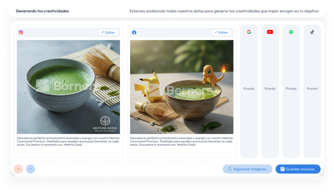 Ya sea copy, imagen o video, céntrate en tu estrategia, apoyado en nuestras recomendaciones, para generar prompts que hagan tus creatividades por ti.
               
 Sube estas creatividades a tus campañas con un click, y ahórrate horas de trabajo.
                
 No necesitas ser un experto. Pero aún si lo eres, multiplica tu productividad con nuestra herramienta de IA.
                
